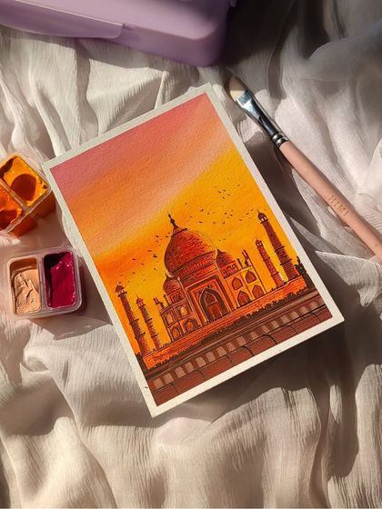 A slightly different angle of the Taj Mahal piece, with my paintbrush resting nearby.