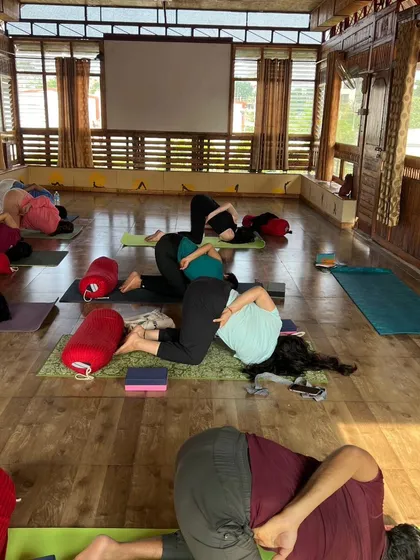 A wide view of a Yin class, showing the quiet, meditative atmosphere as students hold various restorative poses.