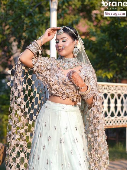 A wider shot of the ethereal pastel bridal look. Notice the dewy skin and subtle makeup, which are key techniques covered in my modern bridal makeup classes.