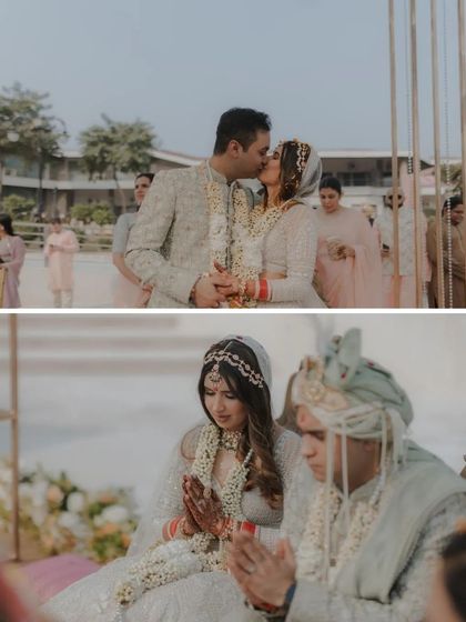 A collage featuring a Christian couple's first kiss as husband and wife, alongside a shot of them in prayer during the ceremony.