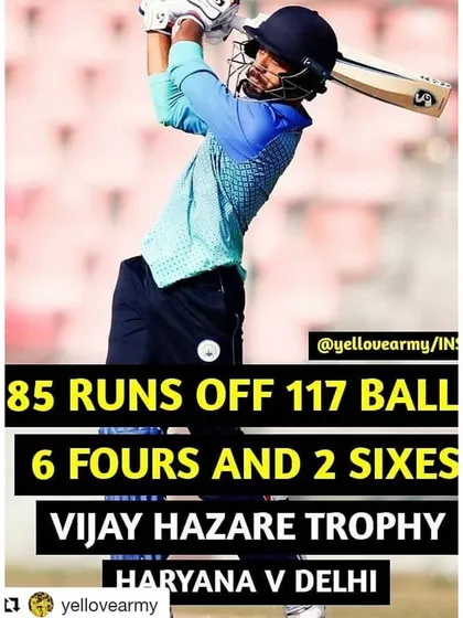A graphic celebrating Chaitanya Bishnoi's performance of 85 runs in the Vijay Hazare Trophy match between Haryana and Delhi.