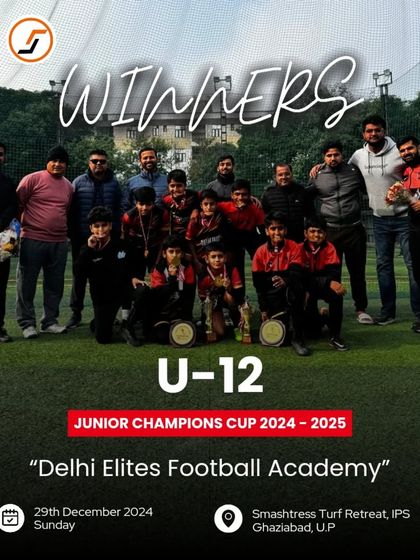 The full U-12 team and coaching staff celebrating their win at the Junior Champions Cup 2024-2025.