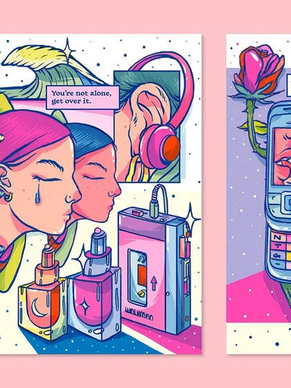 Another spread from the zine, this time touching on the technology and media of the past. A classic walkman and a flip phone are used as symbols of a bygone era, exploring how objects can trigger powerful nostalgic feelings.
