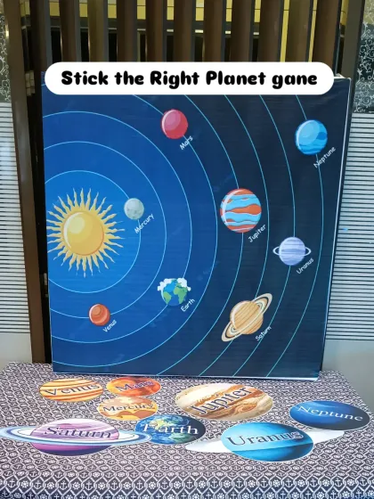 This "Stick the Right Planet" game was part of a space-themed party. It's a perfect example of how I can integrate fun, educational activities that align with your chosen party theme.