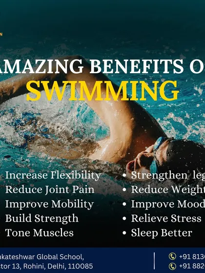 Discover the amazing benefits of swimming. This visual list highlights how swimming can increase flexibility, reduce joint pain, build strength, improve mood, and relieve stress, making it a holistic workout for mind and body.