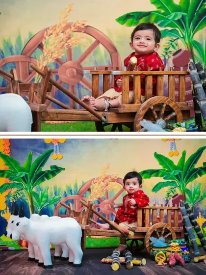A two-photo collage showing the little boy enjoying the Sankranthi setup. The detailed props, including the bullock cart and sugarcane, make these photos truly special.