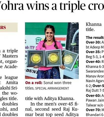 Our trainee Sonal Vohra's incredible triple crown victory was featured in the newspaper. We are proud to see our students' hard work and success getting the recognition it deserves.