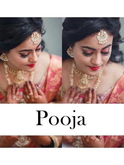 A collage of the bride's portraits, her hands in a prayer gesture, showcasing her beautiful makeup and jewelry.