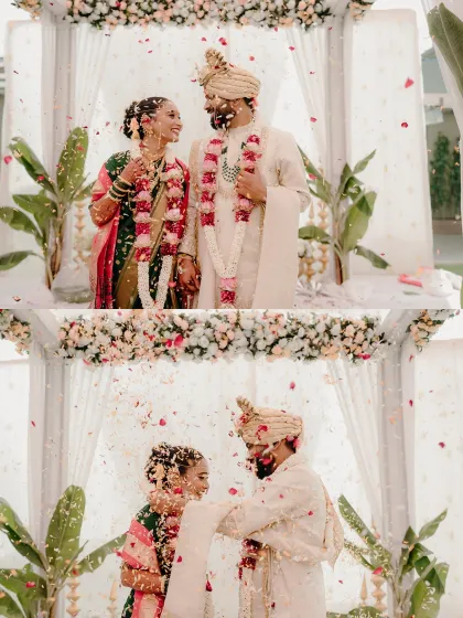 A diptych capturing the couple's joy during the 'Varmala' and 'Kanyadaan' ceremonies. These are the core moments of a Hindu wedding.
