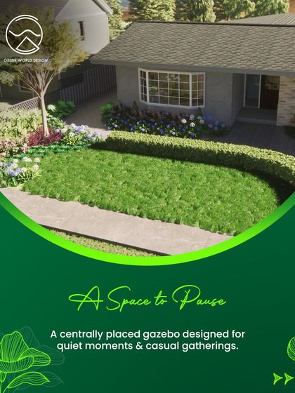 This render highlights the gazebo, designed as a central point for quiet moments and casual gatherings. It provides a shaded, comfortable spot within the garden, enhancing the functionality of the outdoor space.