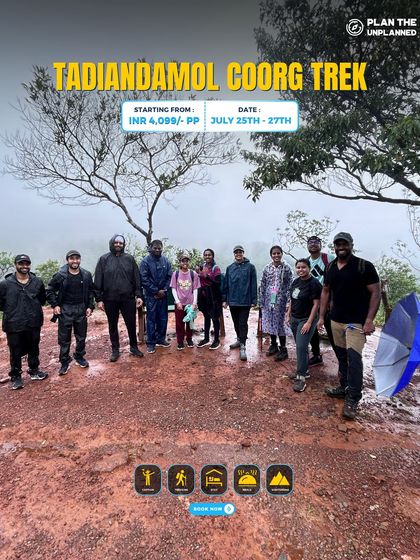 A group on the muddy trail of the Tadiandamol Coorg trek, equipped for the monsoon.