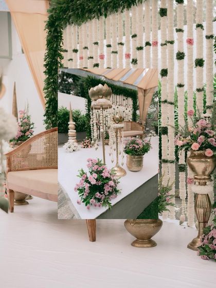 This collage shows how different elements come together for a beautiful engagement. The cane furniture, brass props, and delicate floral arrangements create a cohesive and aesthetically pleasing theme for the celebration.