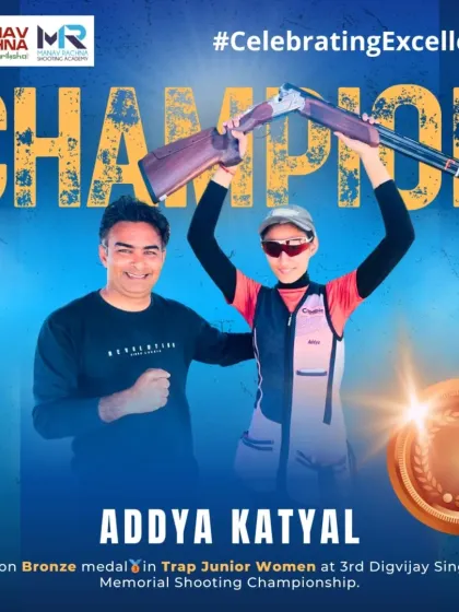 Our shooter Addya Katyal with her coach, celebrating her Bronze Medal win in Trap Junior Women at the 3rd Digvijay Singh Memorial Shooting Championship.
