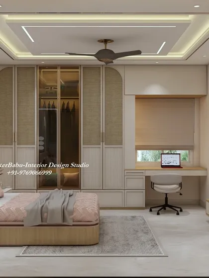 This bedroom design includes a full-wall wardrobe with beautiful gold and cane-finish details, paired with a window-side study desk. It's a perfect blend of storage and functionality.