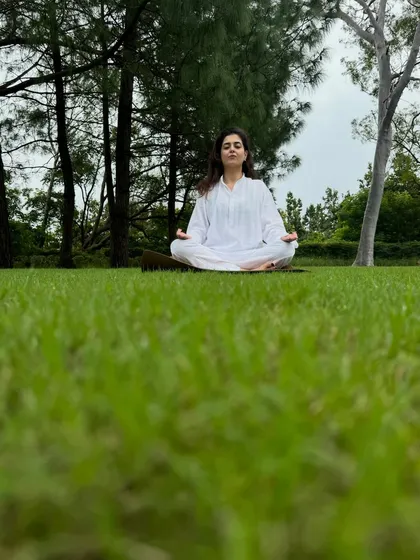 Finding stillness in nature. A simple moment of meditation, sitting in the Padmasana (Lotus Pose), helps ground my energy and connect with the peace that is always available to us when we pause and breathe.