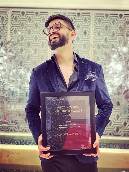So happy and proud to hold my award for Best Male Emcee at the WeddingSutra Influencer Awards 2023. It was a fantastic night of celebration.