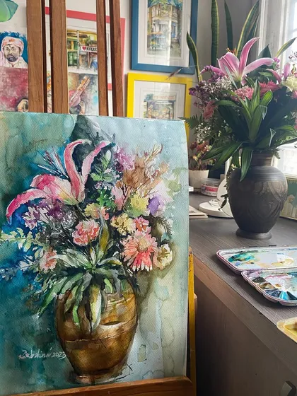 When there are fresh flowers in the house, I can't resist painting them. This watercolor still life captures a beautiful bouquet in a vase, painted from life in my studio.