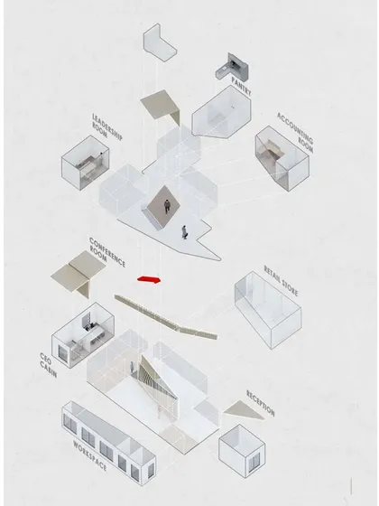 This exploded axonometric drawing for the Kadence Office illustrates how different functional zones are organized within the space. It deconstructs the design into its core components, from the leadership room to the main workspace, showing the logic behind the layout.