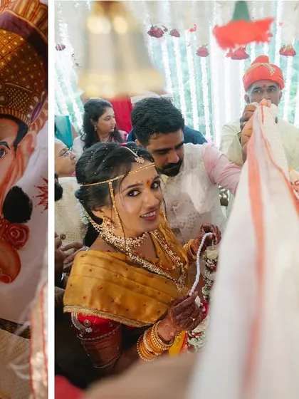 A diptych showing key moments in a cross-cultural ceremony. One side shows the unique, hand-painted Antarpat, while the other captures the fun and excitement of the rituals.