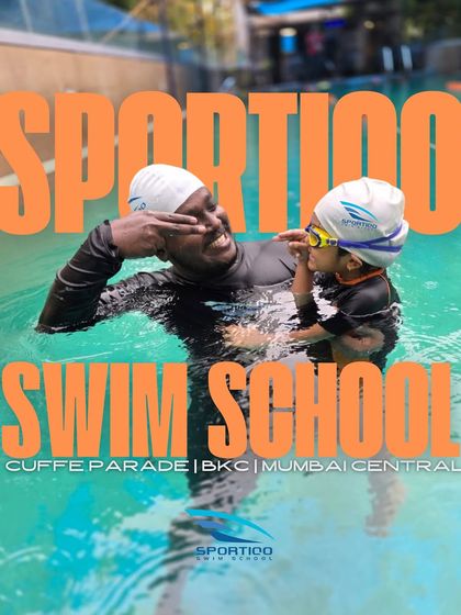 This graphic poster for the Sportiqo Swim School is a bold invitation to join our community and start your swimming journey.