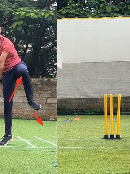 Look at the finish. We corrected this left-arm spinner's misaligned and poor finish by ensuring his entire body, from foot to shoulder, moves in a coordinated way towards the target.