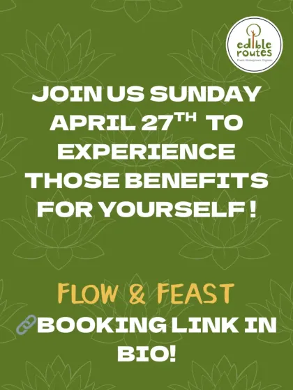 A call to action to join our "Flow & Feast" event to experience the benefits of yoga for gut health.