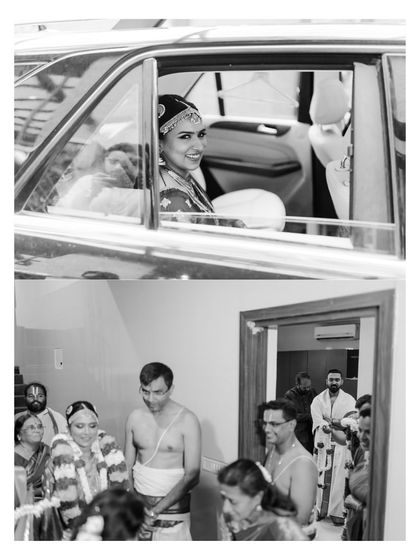 A split image showing the bride smiling from her car and then arriving at the ceremony. It captures the journey and the transition on the wedding day.