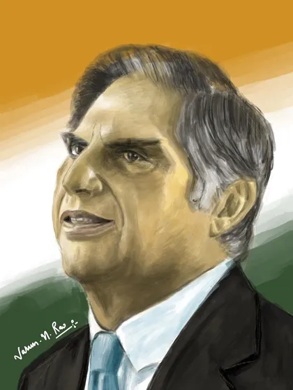 A finished digital portrait of the legendary Ratan Tata, painted with rich colors against the backdrop of the Indian flag. This style is perfect for creating a powerful and timeless tribute or a personal keepsake with a realistic feel.