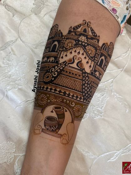 Adding more elements to the design, with the outline of traditional pots (kalash) below the palace scene. This demonstrates how to layer different motifs to build a full story.