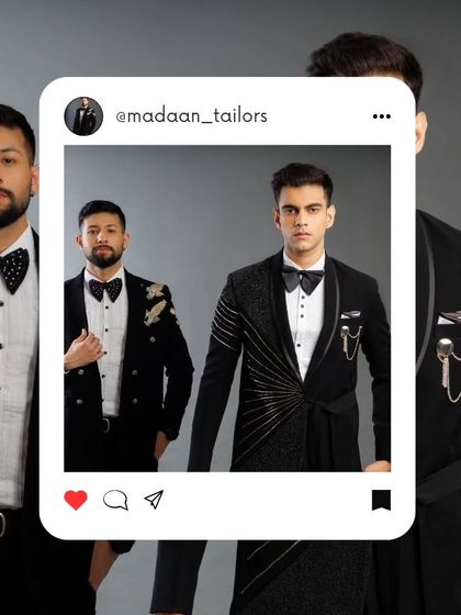 A creative shot of our designer tuxedo collection, highlighting an asymmetrical wrap tuxedo and a double-breasted jacket with shoulder embroidery.