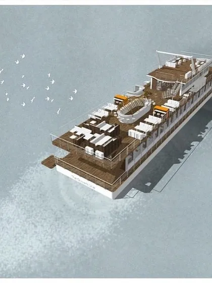 A 3D architectural render showing an aerial perspective of the floating restaurant. This visualization was a key tool in the design phase to communicate the overall massing and layout of the multi-level decks.