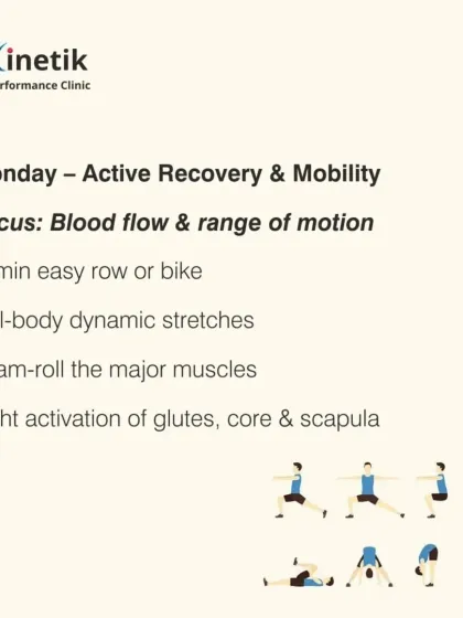 A HYROX race week starts with active recovery and mobility. The focus is on promoting blood flow and maintaining range of motion with easy cardio, dynamic stretches, and foam rolling.