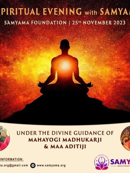 An event poster for "A Spiritual Evening with Samyama" at our Bangalore Foundation. These evenings include meditation, satsang, and community dinner.