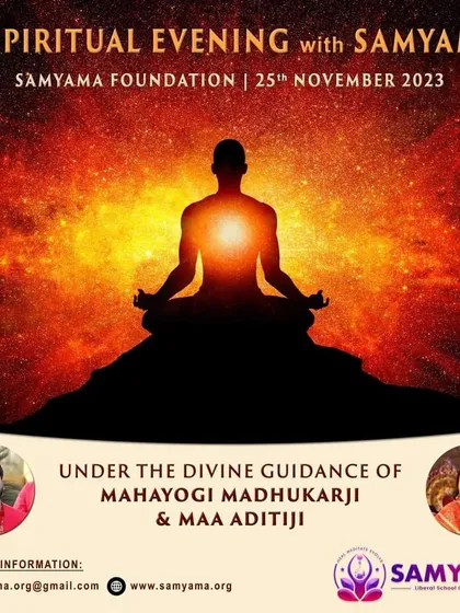 An event poster for "A Spiritual Evening with Samyama" at our Bangalore Foundation. These evenings include meditation, satsang, and community dinner.