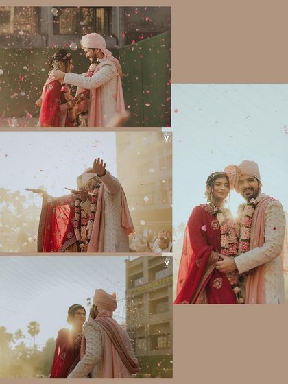 A collage of the varmala exchange, bathed in the beautiful golden light of the sun. The shower of petals and their happy expressions create a series of magical and heartwarming images.