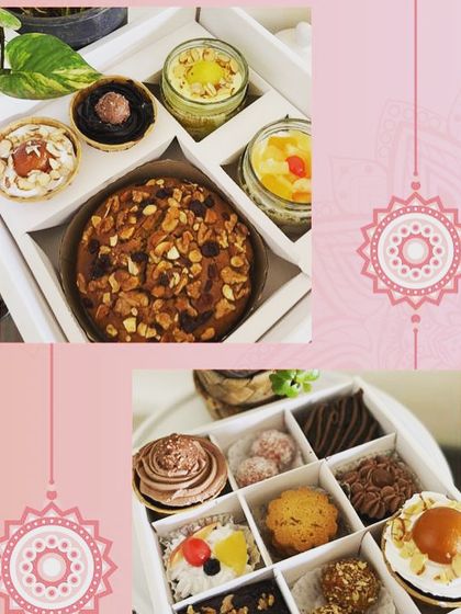 This collage showcases the variety in my bespoke Rakshabandhan hampers, featuring everything from dry cakes and cake jars to assorted dessert boxes.