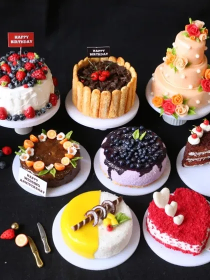 My miniature cakes are perfect for celebrating any occasion. This collection shows the variety I can create, from a three-tiered floral wedding cake to a rich red velvet heart.