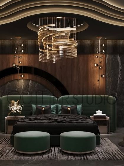A perfect dark-themed sanctuary for our young clients. This bedroom uses a dramatic color palette of black, deep green, and rich wood tones, with a sculptural ceiling and modern chandelier to create a moody, luxurious vibe.