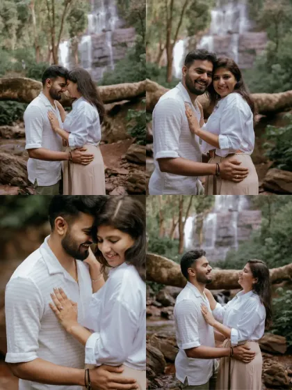 A collage showcasing the playful and romantic interactions of a couple during their waterfall adventure in Chikmagalur.
