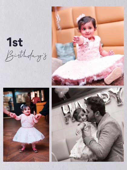 This collage highlights key moments from a first birthday, from the little one dancing to a sweet kiss from dad.