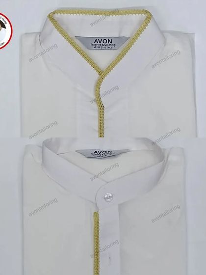 A close-up of a triple makkhi saya kurta. The three layers of golden thread create a rich, textured embroidery that is both traditional and striking.