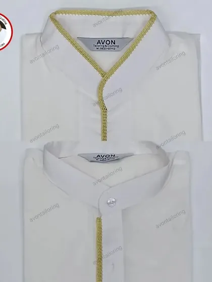 A close-up of a triple makkhi saya kurta. The three layers of golden thread create a rich, textured embroidery that is both traditional and striking.