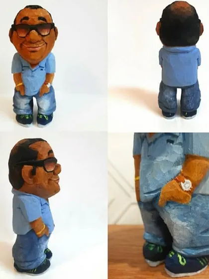 Every angle matters when creating a personalized figurine. This collage shows a finished custom caricature from the front, side, and back, giving you a full 360-degree view of the detailed carving and painting work.