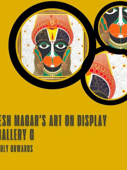 An announcement for Dinesh Magar's brass-etched enamel paintings, renowned for their vibrant colors and intricate detailing, on display at Gallery G.