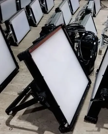 A set of Nanlux Dyno 1200C panels ready to go. These fixtures provide a huge amount of soft, color-tunable light, making them ideal for creating large ambient sources or lighting green screens.