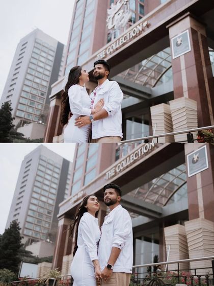 A two-photo collage showing a couple in front of a modern high-rise building, capturing both a loving embrace and a shared glance.