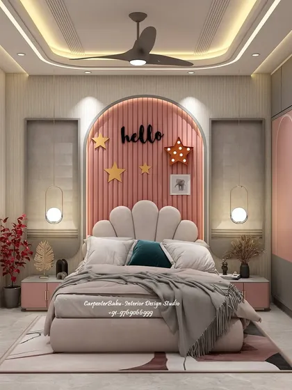 A repeat of the playful kids' room (ID 67) with the "hello" sign and shell-shaped headboard.