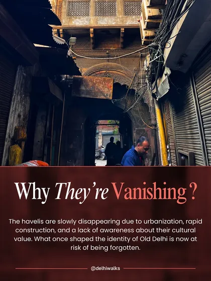 A narrow lane in Old Delhi frames a crumbling haveli, a sight that is becoming rarer. Urbanization and neglect are erasing what once shaped the identity of Shahjahanabad.