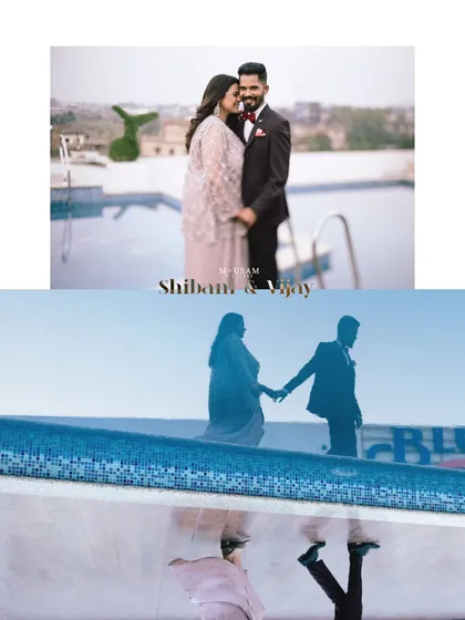 A creative and artistic engagement portrait. The top photo shows the couple by a pool, while the bottom captures their stunning reflection in the water, creating a unique and memorable image.