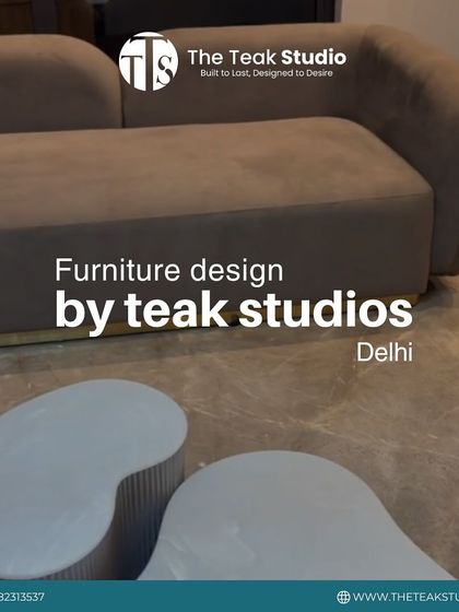 A graphic showcasing a modern curved sofa and sculptural center tables, representing the type of custom furniture design we offer from our Delhi studio.